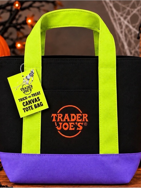 Trader Joe'S Handbags - Trader Joe's Halloween Black Canvas Tote with Neon Lime Handles and Purple Base